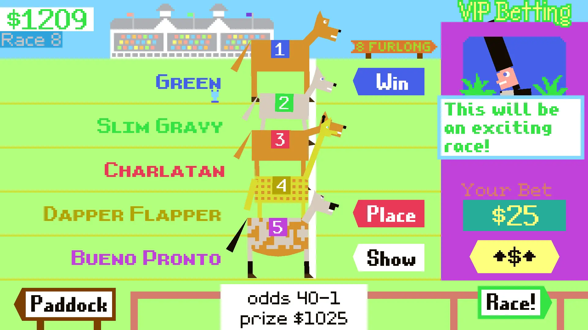 Horsey Game race screen — green track and horse-name leaderboard