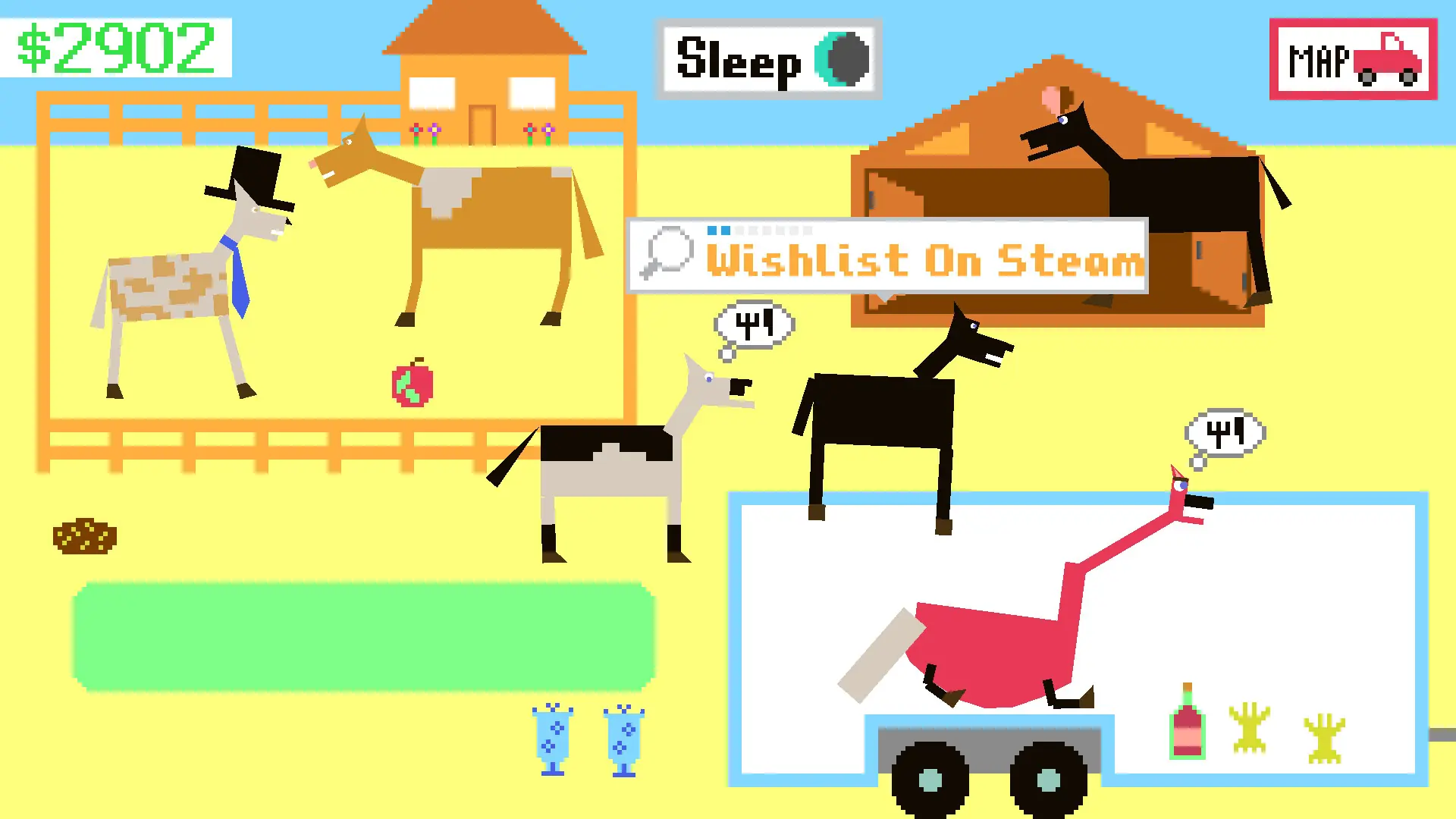 Horsey Game ranch screen — orange barn, fenced herd, money counter and Sleep button